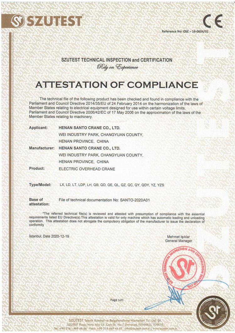 Chiny HENAN SANTO CRANE CO.,LTD Certyfikaty